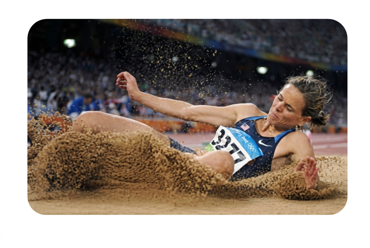 Grace Upshaw Tyler landing in the sand during the Beijing 2008 Olympic long jump final